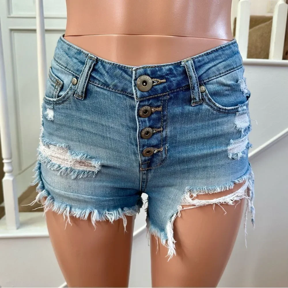Buttonfly distressed high waist denim shorts
